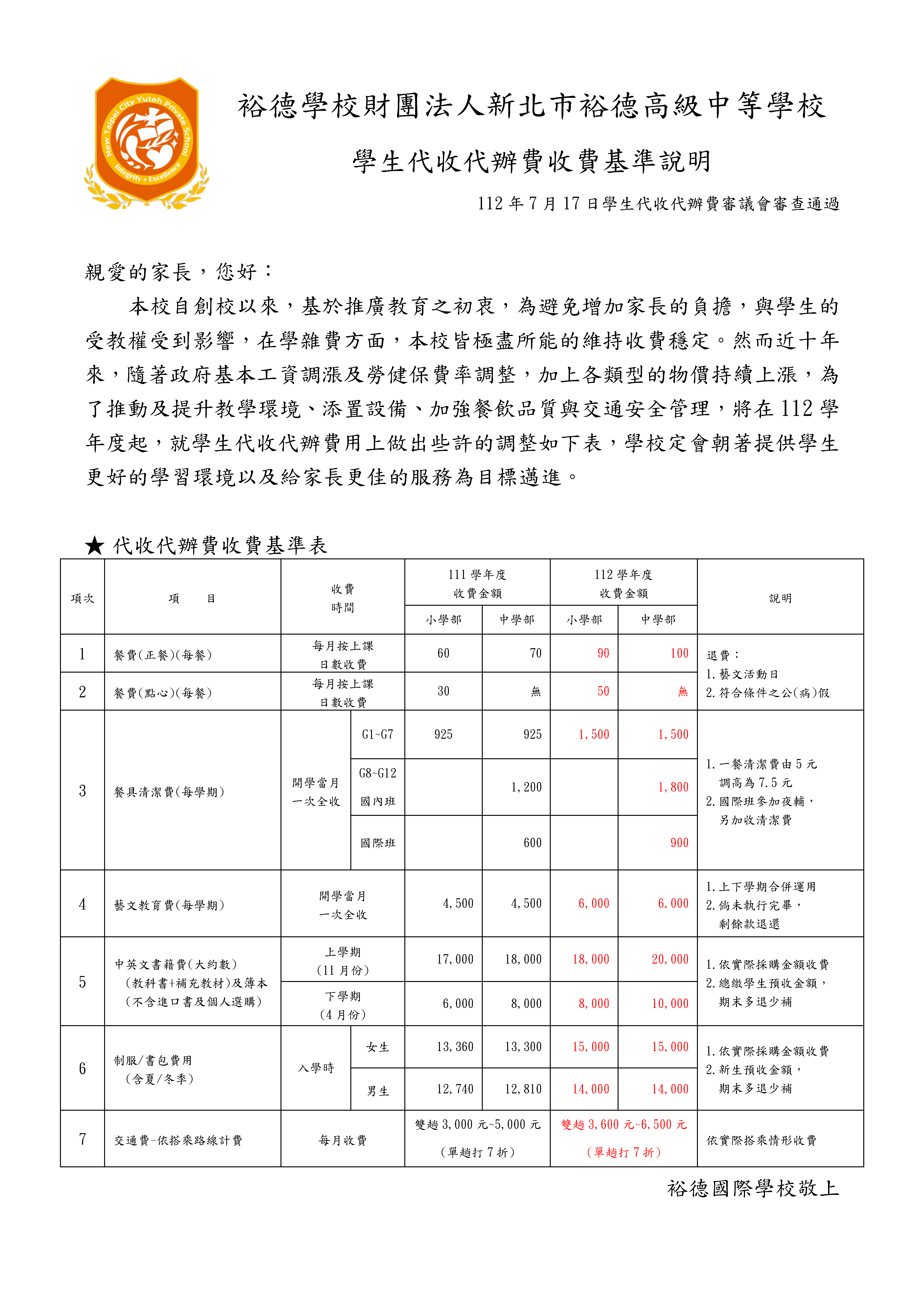 學生代收代辦費收費基準說明